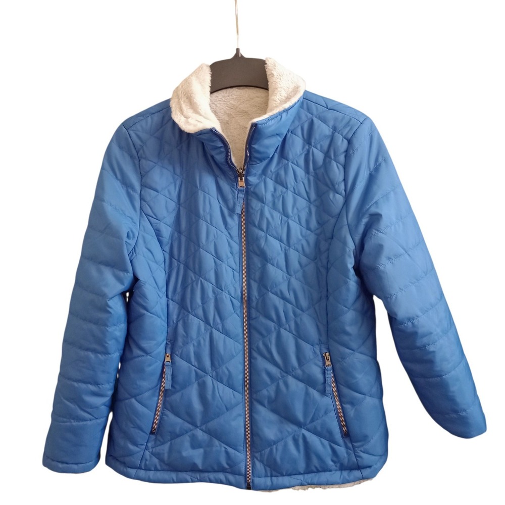 Boeing Puffer Jacket Quilted Faux Fur Reversible Cozy Warm Blue‎ Women's Large